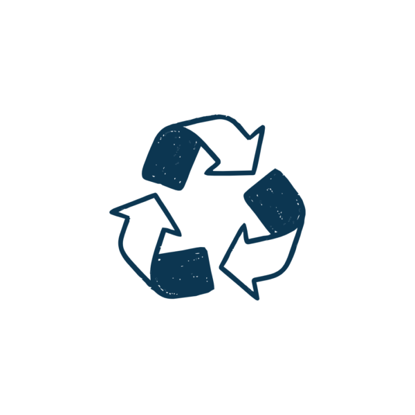 A dark blue, hand-drawn recycling symbol with three arrows forming a triangle on a light grey background, representing sustainable practices.